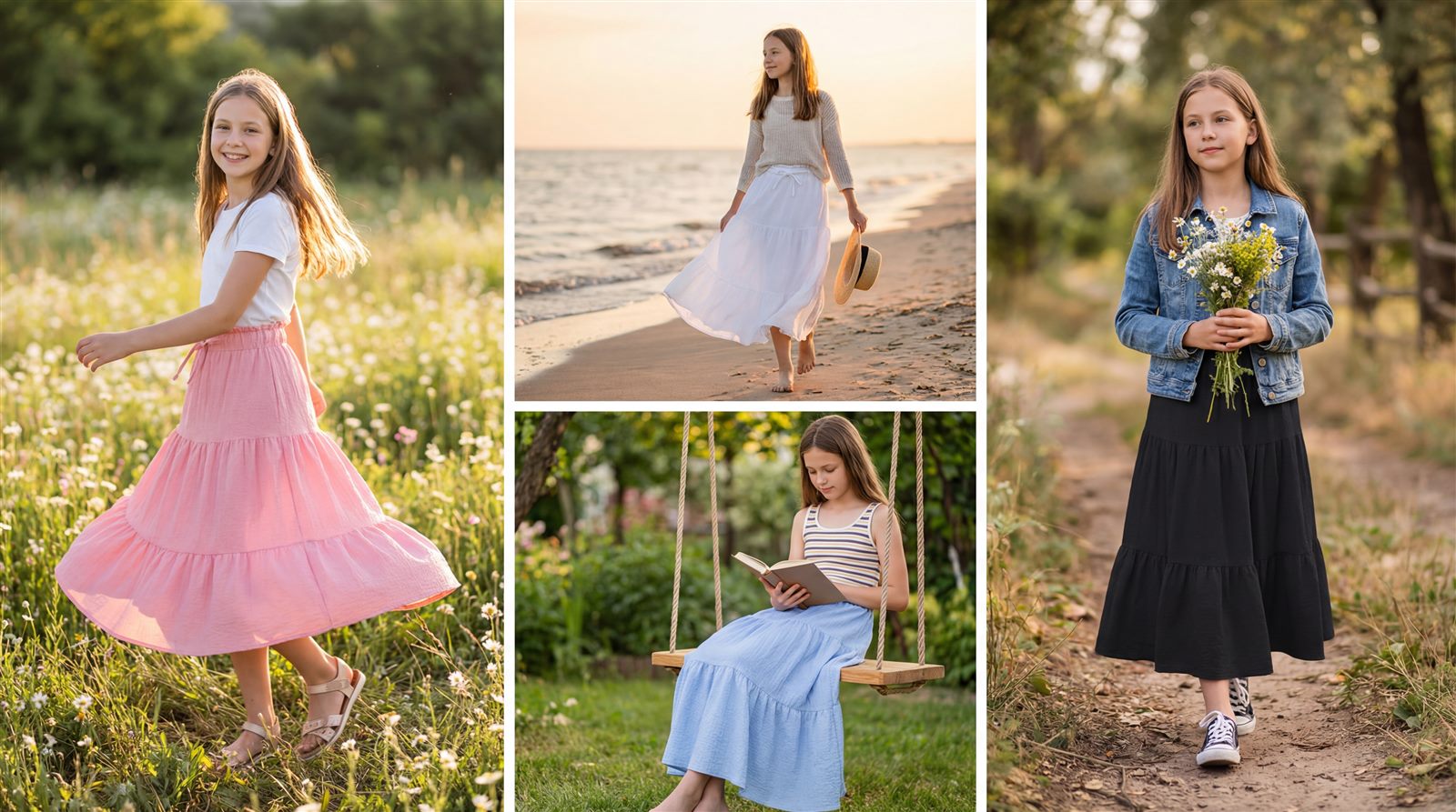 Seasonal children's skirt outfits in outdoor scenes