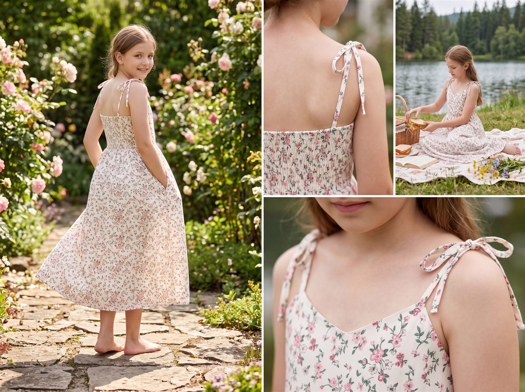 Girls floral dress collection photographed outdoors